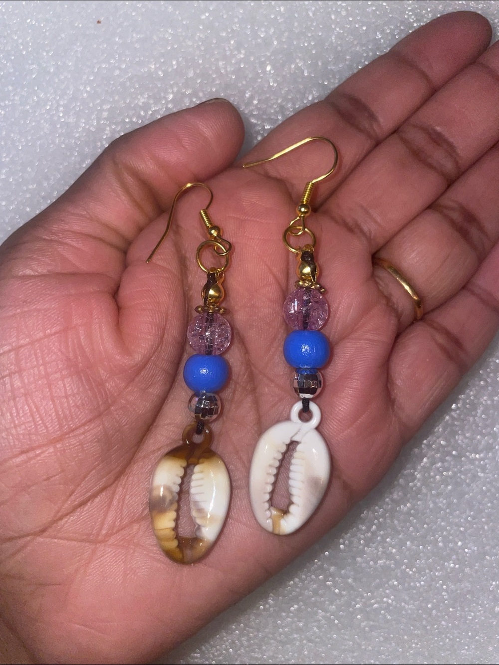 Blue and Purplish Bead Cowrie Shell Drop Earrings
